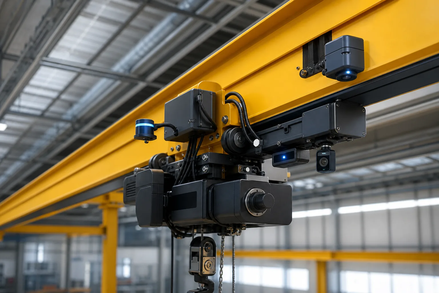 Intelligent crane trolley with sensors and anti sway control hardware